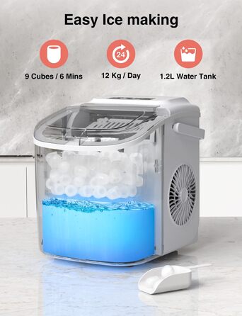 Машина для приготування льоду CROWNFUL: портативна, 9 кубиків за 6 хвилин, самоочищення, 12 кг/24 год, для дому, кухні, офісу, бару, вечірки (біла)
