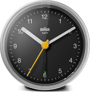 Classic Braun analog alarm clock with snooze function and light, quiet quartz movement, crescendo alarm in black and silver, model BC12SB