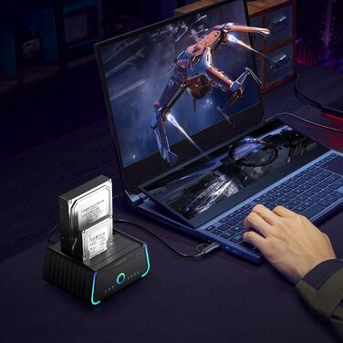 Док-станція для жорстких дисків FIDECO USB 3.0 з RGB підсвічуванням, Dual-Slot, підтримка UASP та офлайн-клонування (2.5/3.5