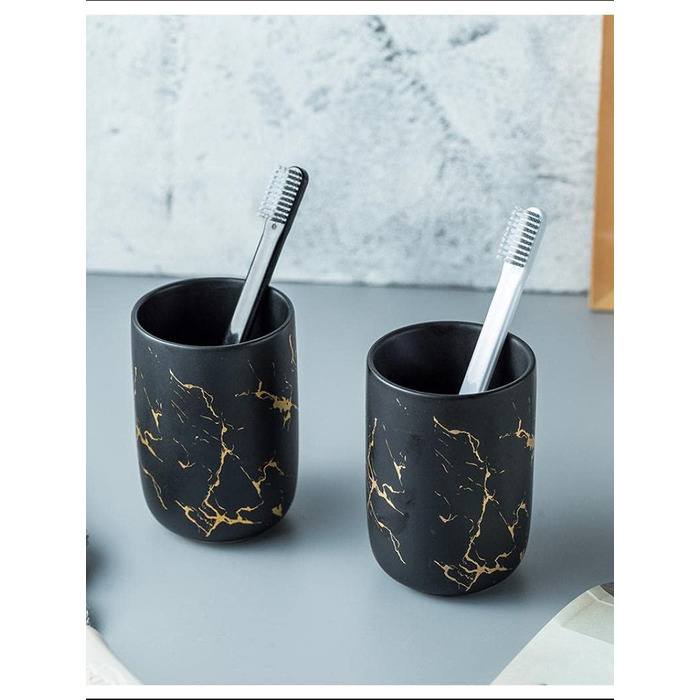 Набір аксесуарів для ванної кімнати з кераміки: миловарка, стакан, мильниця (3 шт.) - золотий/чорний малюнок мармуру