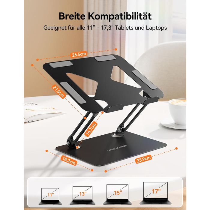 Підставка для ноутбука TECKNET, металева, регульована, чорна, 10-17.3 дюймів