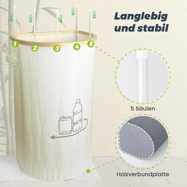 Laundry basket with 2 compartments, deposit bottle collection container with lid, container for deposit bottles & glass recycling & paper waste, deposit bottle container bamboo with bag, must have (Beige-d, 100L)