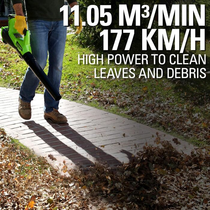 Акумуляторний повітродув Greenworks G40ABK2 з круїз-контролем, швидкість 177 км/год, потік 11,05 м³/хв, 40В 2Аг батарея та зарядний пристрій, гарантія 3 роки