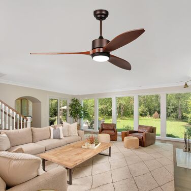 Стеляний вентилятор Reiga з дерев'яною обшивкою, 165 см, великий, DC-двигун, керування пультом та Smart Home, 6 швидкостей, колір дерево, для внутрішнього/зовнішнього використання, з підсвічуванням