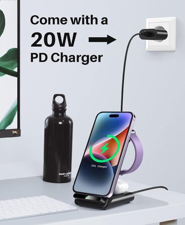 3-в-1 Бездротовий зарядний пристрій: для iPhone 16, 15, 14, 13, 12, 11 Pro Max, Apple Watch та AirPods Pro