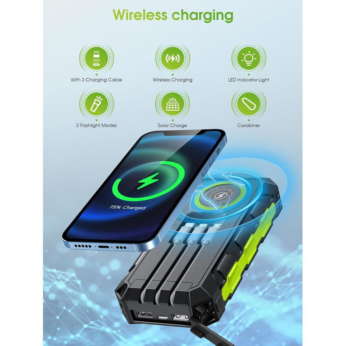 Портативний зарядний акумулятор Power Bank 52800mAh з сонячною панеллю, 30W, 7 виходів, з ліхтариком та LED-дисплеєм, чорний/зелений