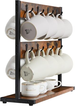 Vintage Mug Holder with 8 Hooks, Coffee Cup Holder for Countertop, Cup Stand with Storage Bottom, for Kitchen Dining Room Cafe 40 x 15 x 40 cm, TBJ002H (without shelf, Vintage Brown)