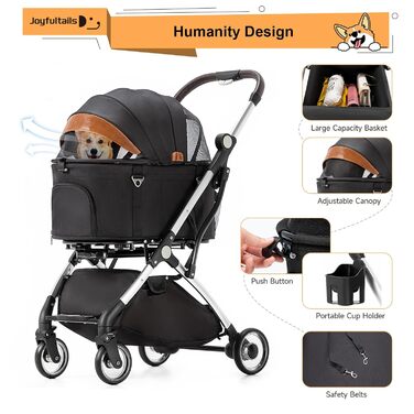 Візок для собак 3 в 1, до 15 кг, чорний. Розкладний візок для собак та котів з сумкою-переноскою та дощовиком. Підходить для маленьких та середніх порід.