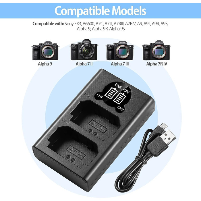 Зарядний пристрій ENEGON NP-FZ100 20W з подвійним акумулятором для Sony Alpha (A7, A9, FX3, A6000 серія) з LCD-дисплеєм