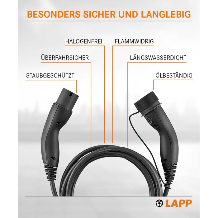 Кабель зарядки LAPP MOBILITY Typ 2, 22 кВт, 7м - для електромобілів, 32А, 3-фазний, IP55, з антикорозійними контактами - PHEV, BEV, EV