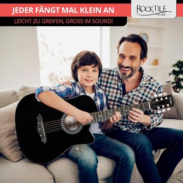 Rocktile WSD-5C-BK: Акустична гітара Western Slim Line - Комплект з чохлом, струнами, ременем та медіатором (Чорний)