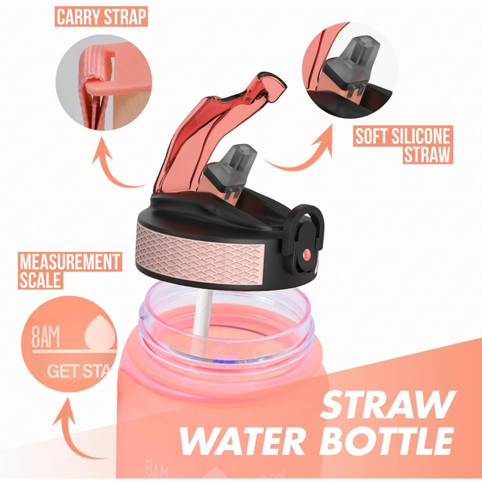 1L Water Bottle - BPA Free Water Bottle with Straw and Time Markers - Water Bottle for Bicycle, Outdoor, School, Running and Gym - Carbonated Drink Suitable (Orange & Light Green with Orange Cap)