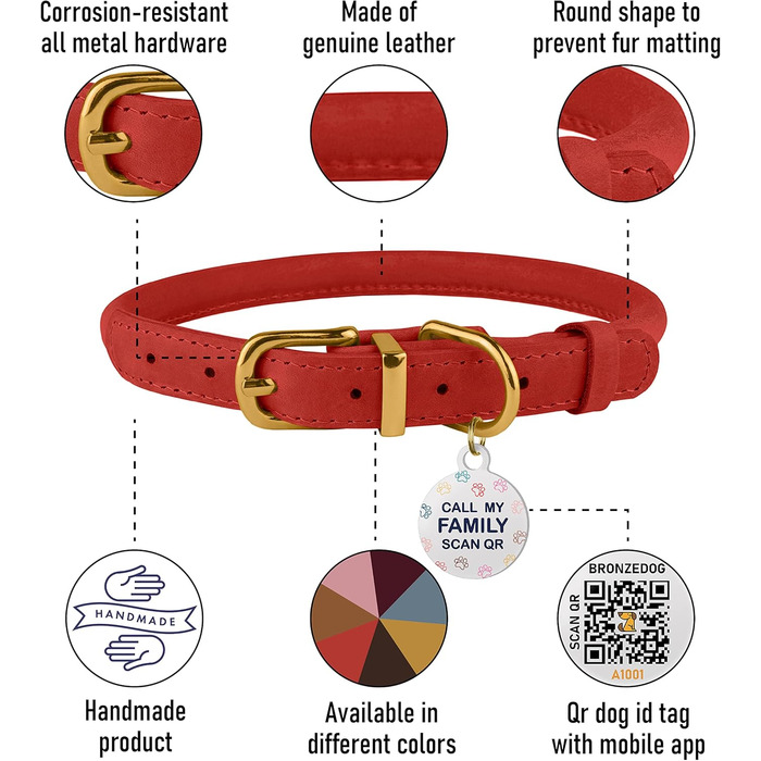 Шкіряний нашийник для собак BRONZEDOG з QR-ID міткою, регульований, м'який, круглий, для малих, середніх та великих собак, цуценят, котів (28-36 см), Класичний Червоний, 40-48 см