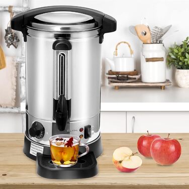 8L Mulled Wine Warmer - Stainless Steel Mulled Wine Pot with Drip Tray, Tap, and Temperature Setting (30-110°C) - Mulled Wine Dispenser / Hot Beverage Dispenser