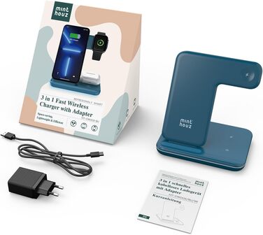 Бездротовий зарядний пристрій Minthouz 3-в-1 з адаптером 18W для Apple (iPhone, iWatch, AirPods), Qi сумісний, синій