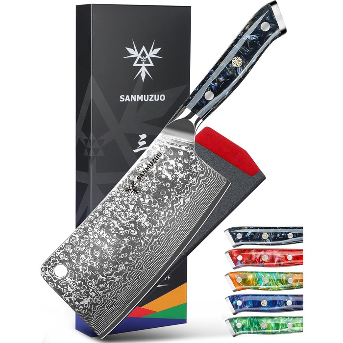 Ніж кухарський SANMUZUO Hackmesser 17 см, професійний, Дамаск, серія Xuan, VG10 сталь, ручка з епоксидної смоли (сапфірово-синій)