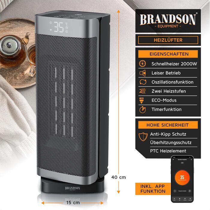 Керамічний обігрівач Brandson з Wi-Fi, тихий, енергозберігаючий, з пультом ДУ, захист від дітей, таймер, 2 режими, ECO-режим, для ванної, вітальні, офісу, дитячої кімнати