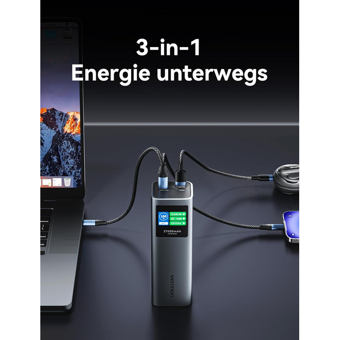 Power Bank VENTION 27000 mAh 140W з PD3.1: зарядка для ноутбуків, iPhone, iPad, Galaxy | FKE-EU