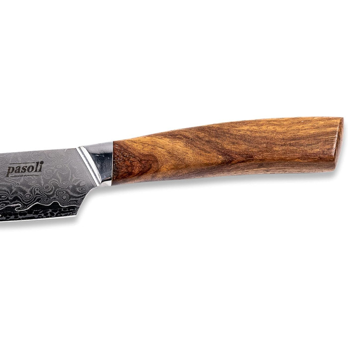 Pasoli Damascus Santoku Knife incl. Blade Protector | 67-Layer VG-10 Damascus Steel | Sharp 13 cm Blade | Elegant Wooden Handle | Ideal Chef's Knife
