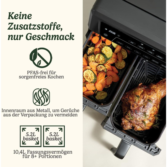 Фритюрниця Cuisinart XXL 10.4L з двома зонами, без PFAS та хімікатів, для смаження, гриля, випікання, дегідратації та підтримання тепла, 2 камери (2 x 5.2L), 8+ порцій, знімні деталі придатні для миття в посудомийній машині, чорний колір