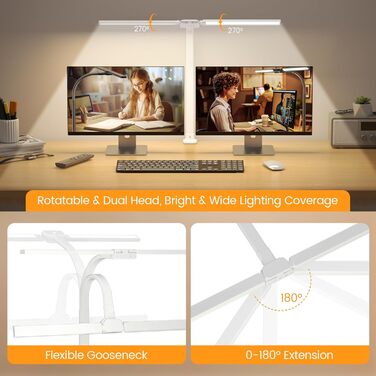 SIBRILLE Dual-Head LED Desk Lamp - Adjustable, Dimmable, Eye Protection, RGB - for Office, Home, and PC Use
