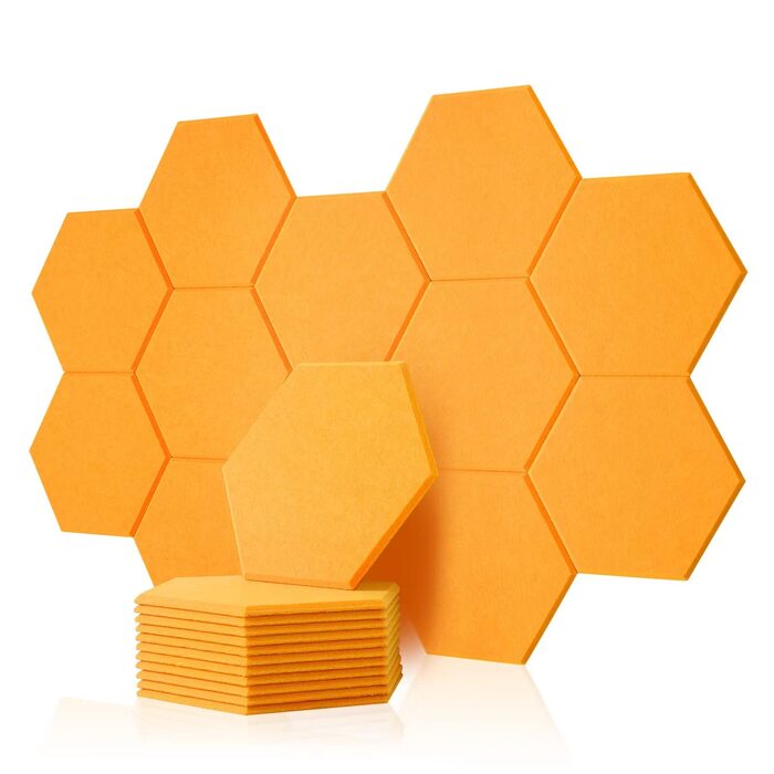 Набір акустичних панелей Rdutuok (12 шт), гексагональні звукопоглинаючі плити 30x26x1 см для студії, офісу та декору стін, помаранчево-жовті