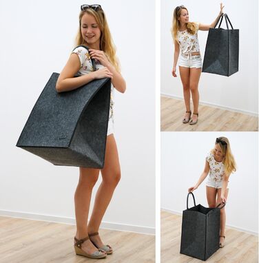 DuneDesign 100L Laundry Basket Felt Large - Felt Bag XXL Laundry Basket 60 cm tall - Felt Laundry Collector - Wooden Bag for Firewood Large Blanket Basket Living Room Bottle Collector Deposit Collection Storage Basket Felt