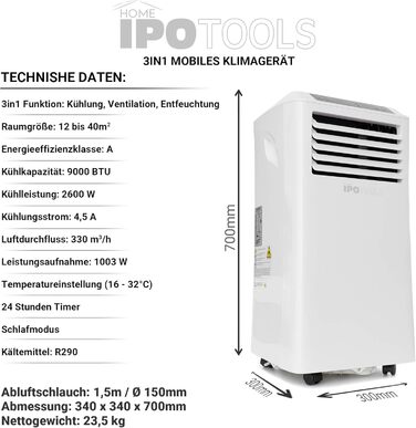 Мобільний кондиціонер IPOTOOLS 9000 BTU з витяжною голкою: охолодження, вентиляція, осушення. Білий