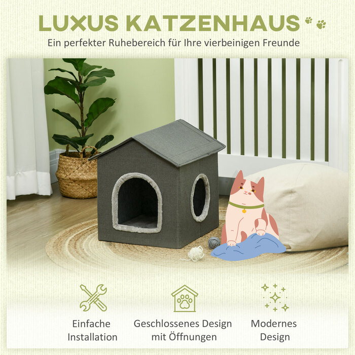 PawHut Cat Cave House Shape with Washable Cushion, Cozy Cat Snuggle Cave with Two Doors, 39 x 43.5 x 40.5 cm, Grey