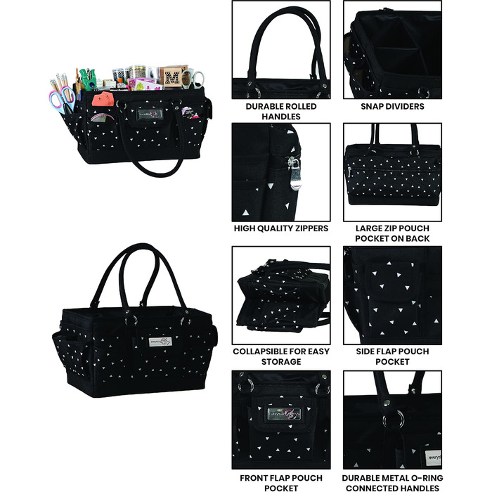 Everything Mary Blaugruner, geometric deluxe store and tote bag, organizer for crafts, sewing, paper, art, desk, canvas, accessories, storage with handles for travel (black and white triangle)