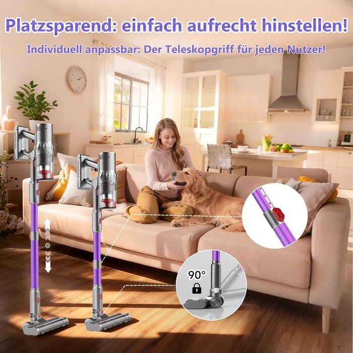 Бездротовий пилосос Hearten 4-в-1 з акумулятором, LED-дисплеєм та щіткою проти намотування, керуванням в один дотик, LED-підсвічуванням для шерсті тварин/килимів/твердих підлог, фіолетовий