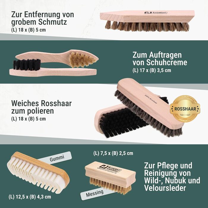 Rosshaar Shoe Care Set, 15-Piece - Extra-Large Rosshaar Polishing Brushes - Large Bologna Shoe Shine Box with Contents - Shoe Brush Set for Leather Shoes & Sneakers