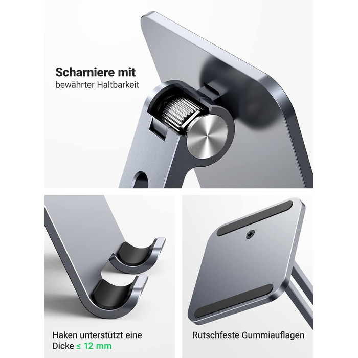Алюмінієва підставка для планшета UGREEN, регульований тримач для iPad Pro Air Mini, Samsung Galaxy Tab, Redmi Pad, Huawei MatePad та iPhone 16/15 Pro, до 12.9 дюймів (Anthrazit)