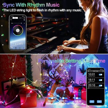 CLYCTIP Льо́мко́ва гірлянда́ для зовнішнього використання, IP65 Водостійка, кольорова з таймером, пультом дистанційного керування, синхронізацією музики, керуванням через додаток, 210 режимів, USB, 10м, 100 LED для Хелловіну, Різдва, вечірок, саду, балкон
