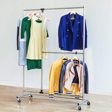 Tatkraft Drago Clothes Rack - Stable, with 2 Clothes Rails, up to 110 kg, Coat Rack, Adjustable, Clothes Rack on Wheels, Metal, (Silver)