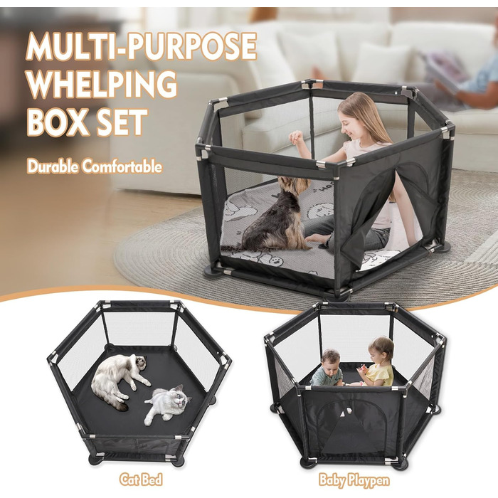 Кінець для цуценят у формі шестикутника, 122x65 см, чорний: ігровий майданчик + м'яка підстилка для великих та малих порід