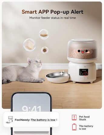 Автомат годування котів FEELNEEDY з додатком, WiFi, нержавіюча сталь, 3L, білий. Програмування до 10 прийомів їжі на день, сповіщення про застрягання корму та низький заряд батареї