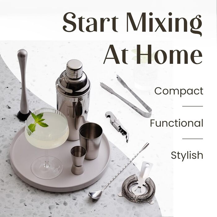 Набір для коктейлів Modern Mixology 21 предмет, стійка, професійний барний набір: шейкер, мірний стакан, ситечко, ложка, пінцет, відкривачка, мадлер (срібний, темно-коричневий)