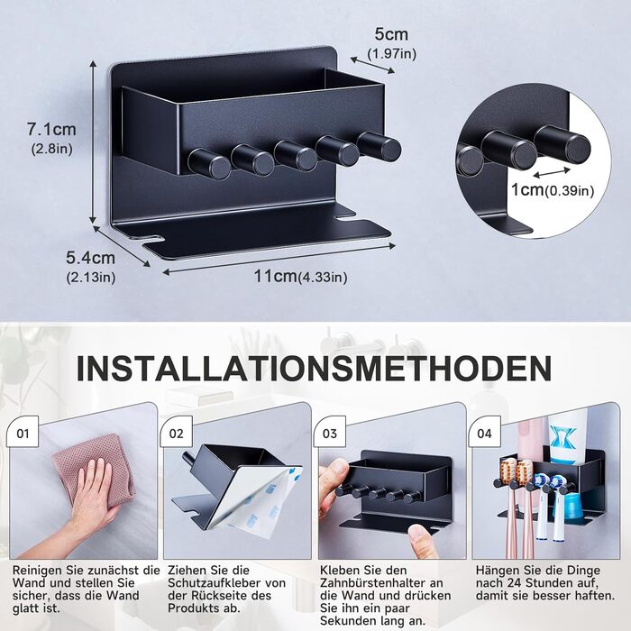 Настінний тримач для зубних щіток GGQ, для електричних та звичайних щіток, без свердління, самоклеючий, з органайзером для пасти, чорний