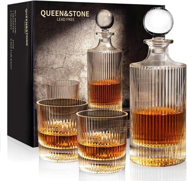 Ribbed Whiskey Decanter Set with 2 Glasses - 765ml Scotch & Whiskey Decanter Gift Set for Men & Women