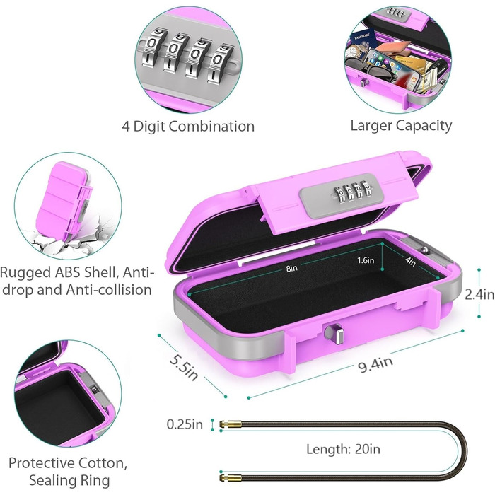 Сейф портативний з кодовим замком ORIA, вологостійкий, з тросом, для подорожей, пляжу, кемпінгу, офісу (рожевий)