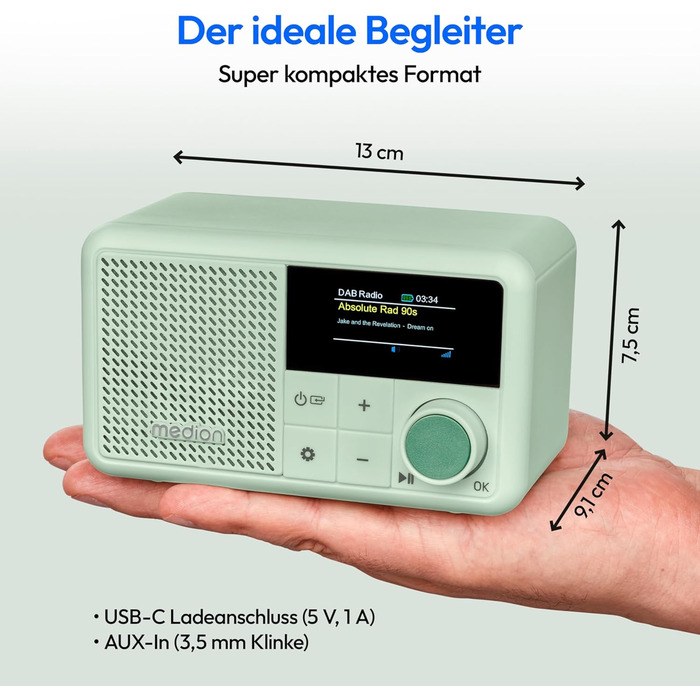 MEDION S66822 Портативне міні радіо DAB+ з Bluetooth, акумулятор до 6,5 годин, зелений колір