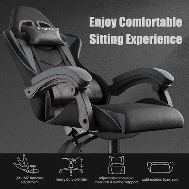 Геймерське крісло Bigzzia Ergonomic: з подушкою для попереку та голови, регульована висота, для комп'ютера, для дорослих та підлітків (сірий)