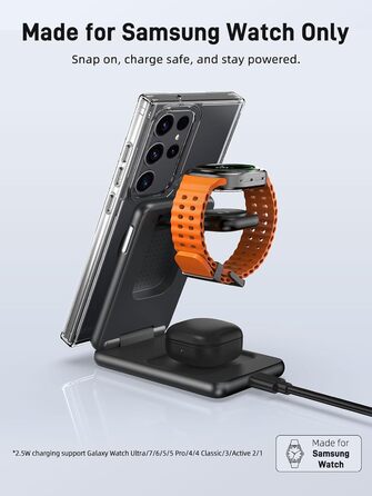 Магнітна зарядна станція 3-в-1 для Samsung Galaxy S25 Ultra/S24 з MagSafe, зарядка для годинників Galaxy Watch Ultra/8/7/6, бездротовий зарядний пристрій для подорожей (сріблястий)