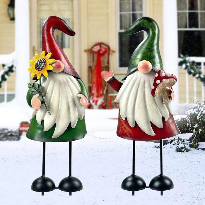 HONGLAND Garden Gnome Statue for Outdoor Use, Metal, 18 inches, Gnome Figure, Decorative Props for Vacation, Christmas, Lawn, Patio, Yard, Garden Decoration, 2 Pack