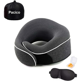 Подушка для шиї, туристична, з піною з пам'яті, для авто, поїздів та літаків, комплект з маскою для очей та берушами (темно-сіра)