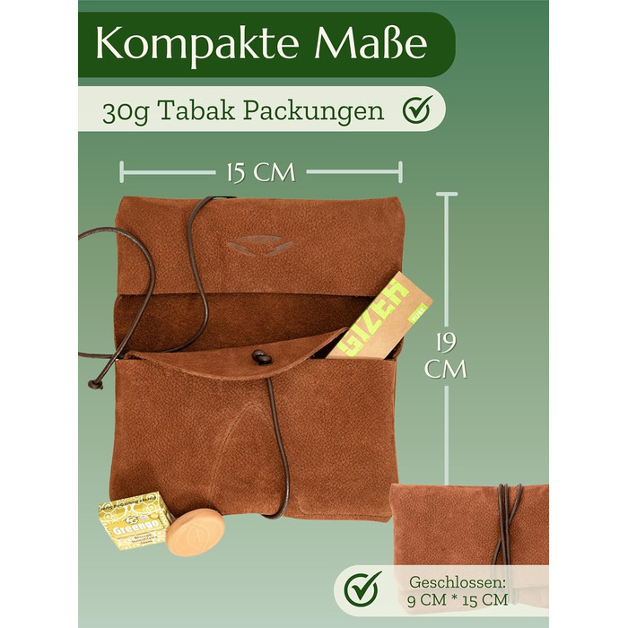 Premium Tobacco Pouch made of Wild Leather - Separate Paper & Filter Compartment - Handcrafted Tobacco Bag - High-Quality Rolling Pouch for Tobacco (Cognac Brown)