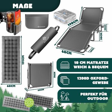 Кемпінгове ліжко KESSER® розкладне, 190x68x30 см, до 250 кг, з Oxford тканини та сталевим каркасом + сумка, подушка, кишеня та тримач для напоїв, для кемпінгу