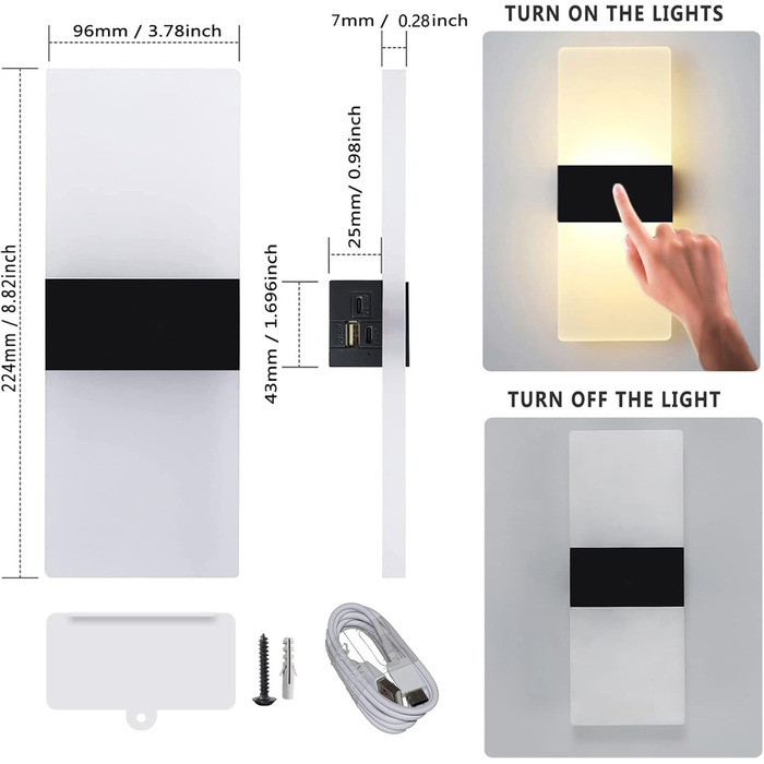 LED-стінні світильники VOMI з датчиком руху, акумуляторні, бездротові, з USB-зарядкою, 4000mAh, для дому, коридору, сходищ, 2 білі світла (сенсорне керування, 3000K)