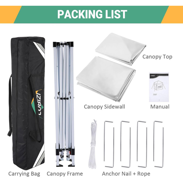 COBIZI Folding Gazebo 3x3 Waterproof Stable Pop Up Gazebo Folding 3x3 with 4 Sidewalls | Waterproof | UV Protection 50+ | Gazebo Party Tent for Garden Party Market Picnic | incl. Bag (White)
